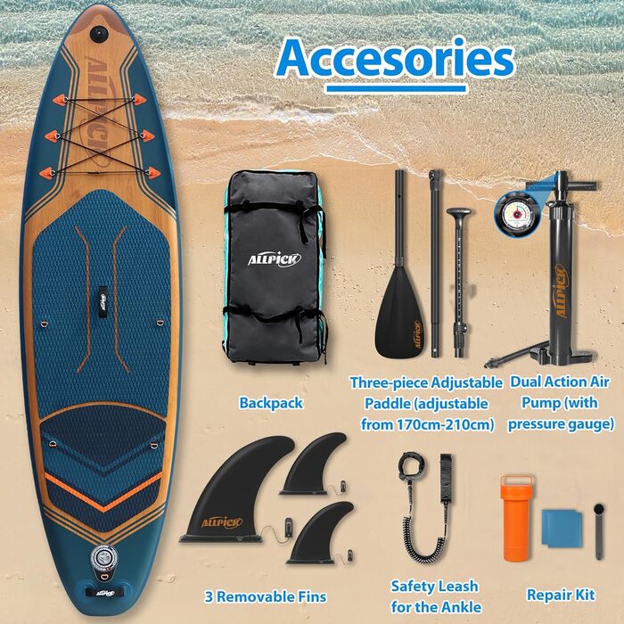 Надувна SUP-дошка ALLPICK Premium 180кг, комплект з камеротримачем, веслом, аксесуарами, для початківців і досвідчених, морський синій