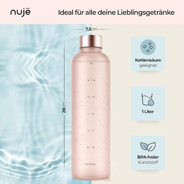 Спортивна пляшка для води nujë 1 л, підходить для газованої води, з часовою міткою, герметична, BPA-free, для спорту, фітнесу, туризму, рожевого кольору, у подарунковій упаковці
