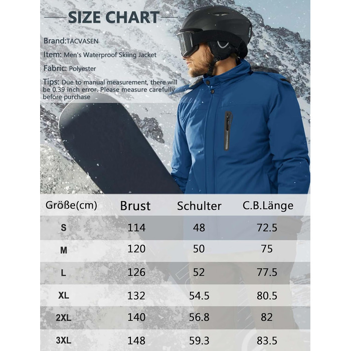 TACVASEN Куртка зимова чоловіча водонепроникна тепла флісова підкладка софтшелл дихаюча функціональна куртка з відстібаною капюшоном XL темно-синій