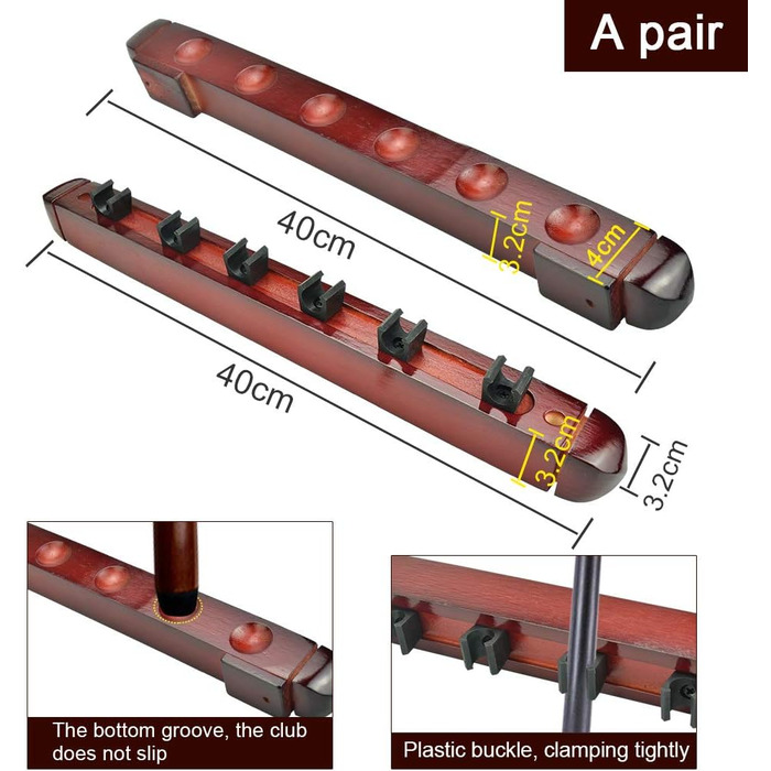 Держатель для бильярдных київ DURANTEY: настінна підставка для 4 київ з дерева, червона, з кріпленням та гумовими вставками (40 x 4 x 3,2 см)