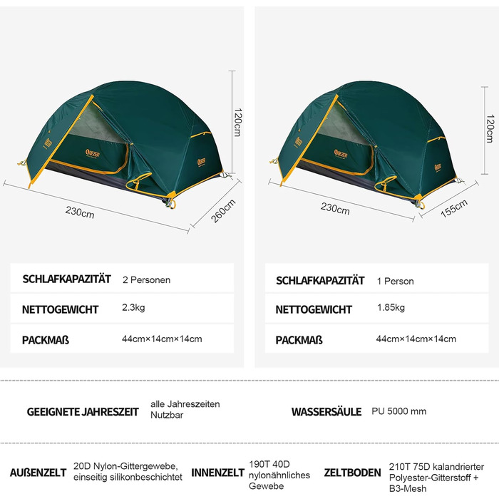 Намет кемпінговий купольний 2-місний Campingzelt водонепроникний, вітрозахисний, для походу, кемпінгу та активного відпочинку, 1.85/2.3 кг, зелений