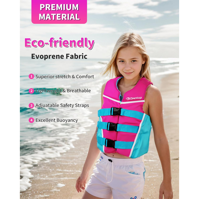 Owntop Плавальна жилетка для дітей та підлітків, регульована, з трьохточковим ременем безпеки, легка, для каякінгу, плавання, риболовлі, снорклінгу (Рожева, M)