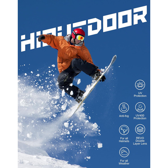 Окуляри для сноуборду та гірськолижного спорту Hioutdoor: подвійне скло, захист від запотівання, 100% UV-захист, сумісність з шоломом, біле обрамлення, блакитні лінзи