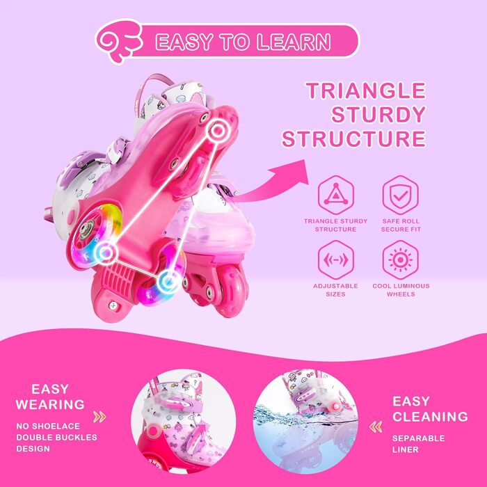 Дитячі ролики для дівчаток, 4 розміри, регульовані, безпечні, дихаюче покриття, легкі