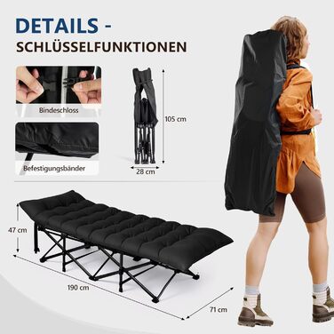 Кемпінгове ліжко Bonnlo розкладне з матрацом – ліжко для риболовлі, відпочинку на природі, у саду, на пляжі, 190x71x36 см (Чорний)