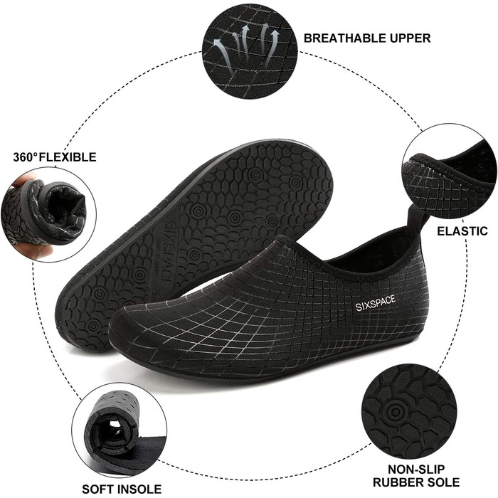 Чоловічі та жіночі аквашузи Sixspace для плавання, серфінгу та йоги. Швидка сушка, дихаючі, чорні (41 EU)