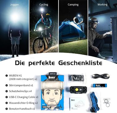 Ліхтарик на лоб WUBEN H1 Pro 1200 Lumen: LED, 10 режимів, USB-C, водонепроникний IP68, для кемпінгу та активного відпочинку