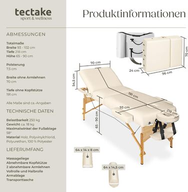 Мобільна масажна кушетка tectake® з 3 зонами, складна, з 7,5 см підкладкою, до 250 кг, з аксесуарами (сумка, ролики), бежева