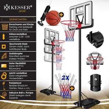 Баскетбольний кошик KESSER Premium з роликами, стійкою та аксесуарами, регульована висота 230-305 см, для дорослих і дітей, для вулиці, білий