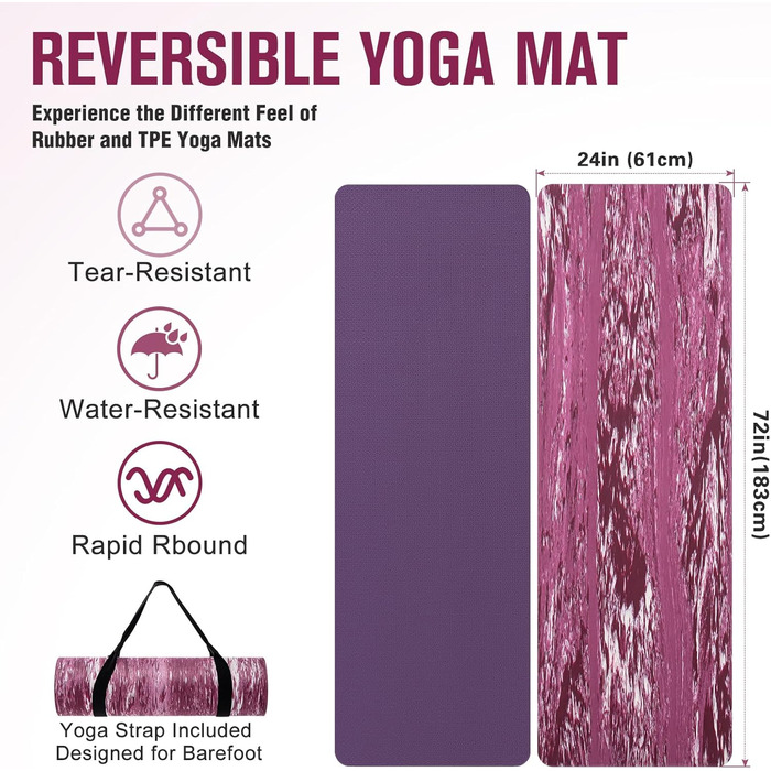 Килимок для йоги Marjar з неслизьким покриттям, фітнес-килимок для занять спортом, 183 x 61 x 0.6-1 см, фіолетовий
