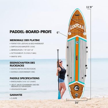 SUP-дошка COOLCAA 354x86x15 см, деревна текстура, комплект аксесуарів, вантажопідйомність 210 кг, для дорослих і підлітків, всі рівні
