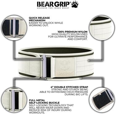 Пояс для важкої атлетики BEAR GRIP, самозамикальний, преміум, для кросфіту, пауерліфтингу та бодібілдингу, унісекс, розмір L, білий