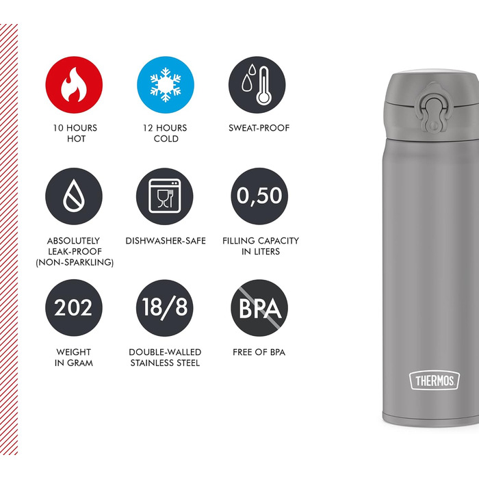 Термос-пляшка Thermos Ultralight 0,5 л нержавіюча сталь, матова, збереження температури 10 год гарячого / 20 год холодного, герметична, для води та чаю, BPA-free