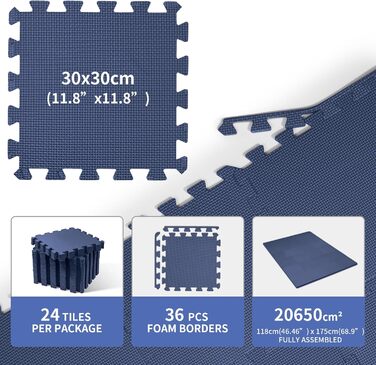 Підлогова захисна мат для фітнесу EVA, 30x30 см, 24 шт, 2.07 м², пазловий комплект, нековзкий килимок для тренажерів