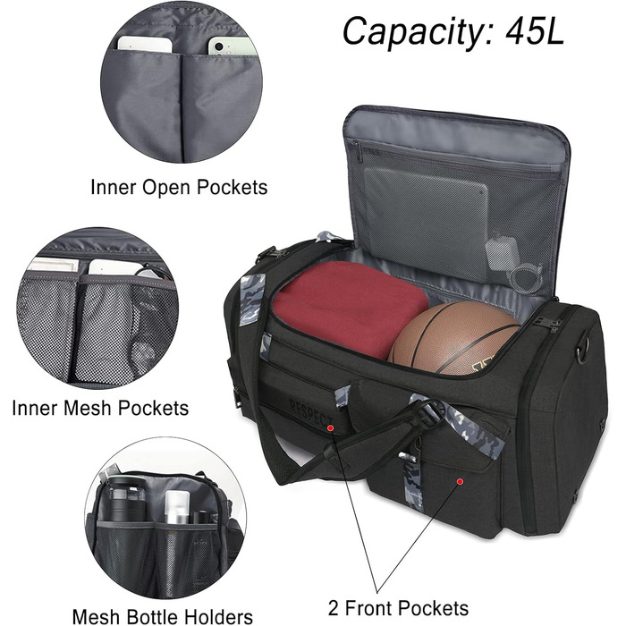 Спортивна сумка-рюкзак 3-в-1 для чоловіків з відділенням для взуття та вологих речей, чорна (22.4 x 10.6 x 11 дюймів)