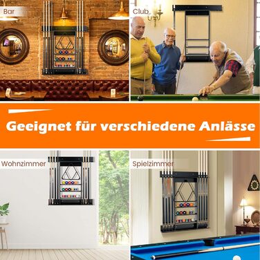 Підставка для більярних київ COSTWAY на стіну, для 8 київ, 15 куль та підставки для куль, з натурального дерева (чорна)