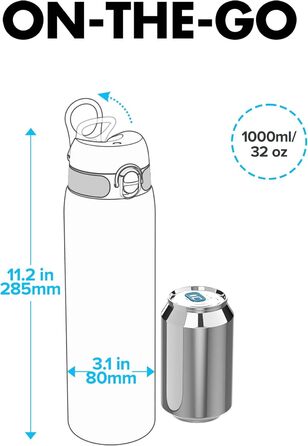 Пляшка для води Ion8 OneTouch 2.0, 1 літр, чорна, спортивна, герметична, BPA-free, з ручкою, для фітнесу, легка чистка