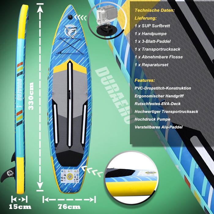 Надувна SUP-дошка 330x76x15 см з кріпленням для камери, до 150 кг, ремінь для ніг, насос, рюкзак, SeaBlue