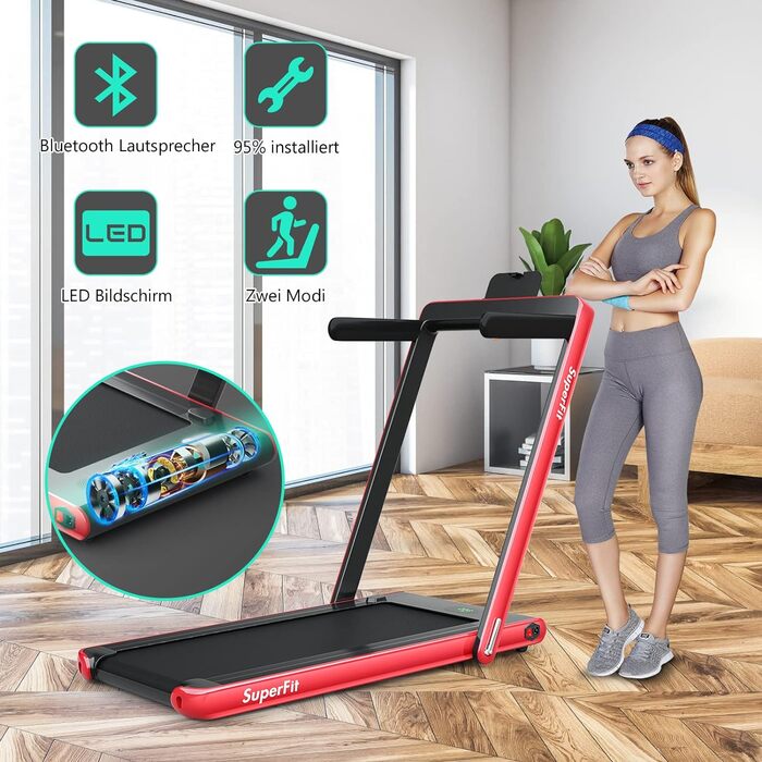 Бігова доріжка COSTWAY 2-в-1, складана, 2,25 к.с., з APP, Bluetooth, пультом, 1-12 км/год, під стіл, для дому, червона