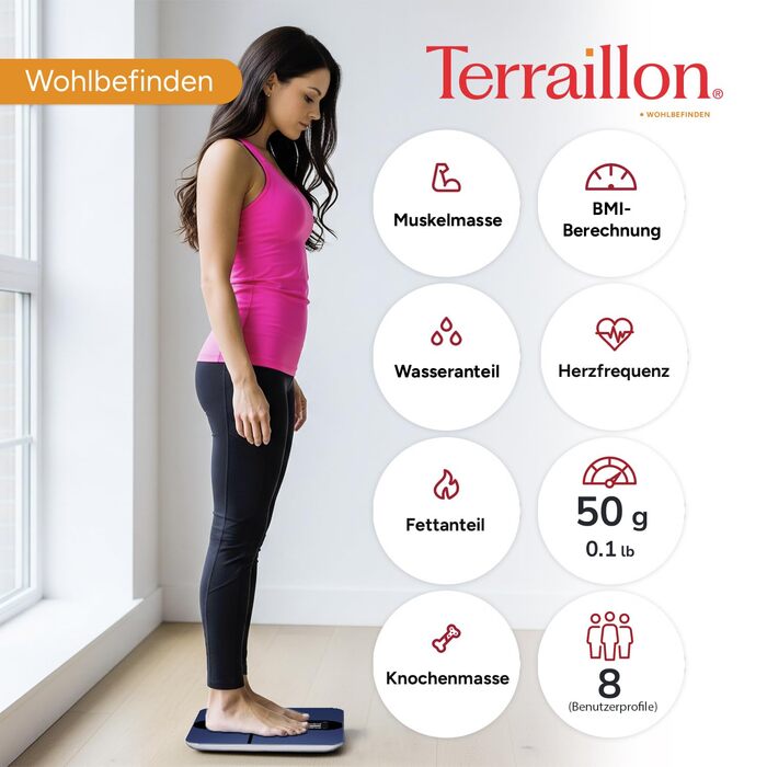 TERRAILLON COLOR CONNECT - Розумна вага з Bluetooth, вимірювання серцевого ритму, маси тіла: жир, м'язове, кісткове, BMI, ємність 180 кг, шкала 50 г, мультидисплей, колір блакитний