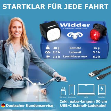 Велофара WIDDER: комплект передньої та задньої велофари LED 90 люмен, USB-C, StVZO, для дорослих/дітей