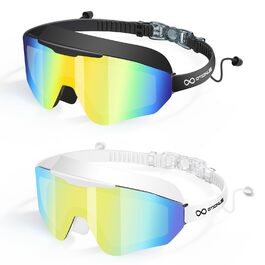 Окуляри для плавання unisex 2 шт. (дорослі, чоловічі, жіночі) Anti-Fog, Anti-UV, з берушами, велика рамка, регульований ніс - чорно-білі