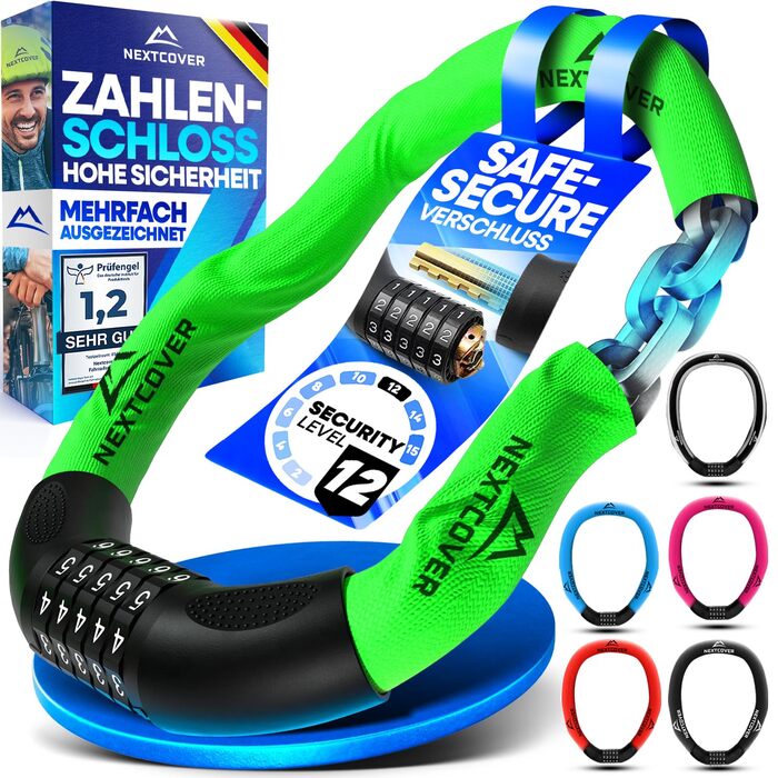 NEXTCOVER® Замки для велосипедів LockPro з кодовим замком - Оригінал - [SAFESECURE] Високий рівень безпеки | 5-значний код, сталевий замок для велосипеда | Замок для електровелосипеда, ланцюговий замок (Зелений)