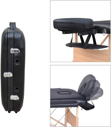 Професійний масажний стіл FRANKYSTAR для косметологів та фізіотерапевтів, 3 зони, чорний PU-пластик, дерев'яно-сталеве складне шасі, з сумкою