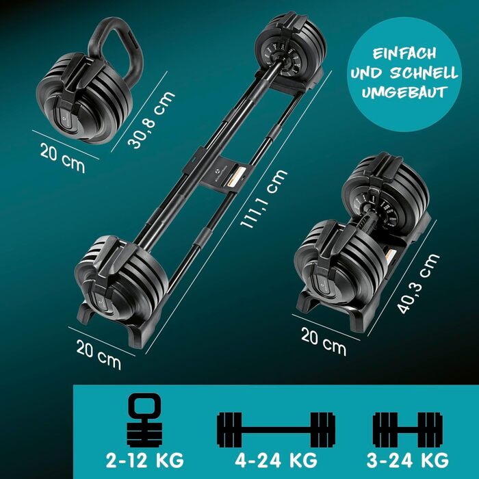 Мультифункціональний набір гантелей DoYourFitness 3-24 кг, регульований, для дому, коротка і довга штанга, гиря, універсальний для силових тренувань та витривалості
