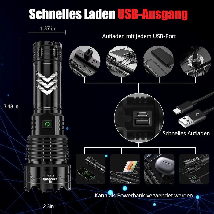 Ліхтар LED Shadowhawk XHP160.2 550000 Lumen, тактичний, USB, IP67, водонепроникний, для кемпінгу та активного відпочинку