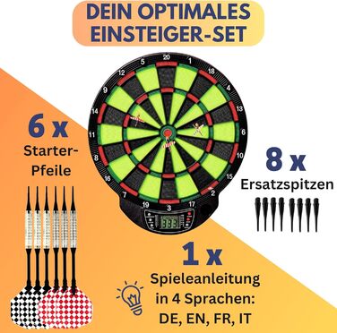 Електронна дартс-мішень Best Sporting Nation/Windsor/Bristol, 21 гра, 65 варіантів, бездротова, 6 дротиків, 8 запасних наконечників, для 8 гравців