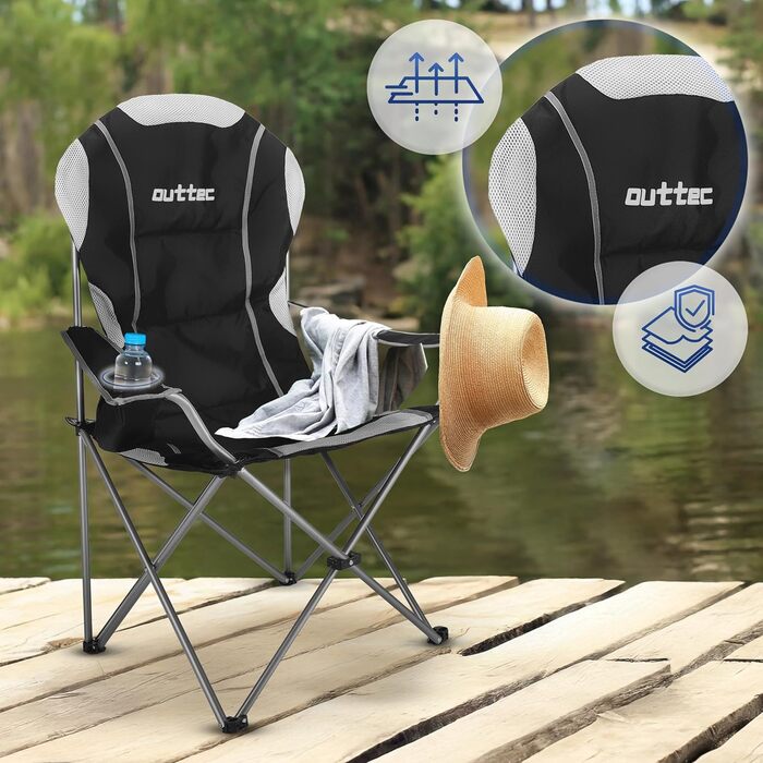 Зручний складаний стілець для кемпінгу Outtec: 130 кг, висока спинка, підсклянник, сумка, зелений (чорний)