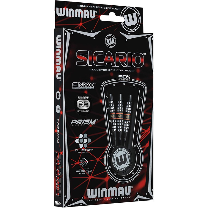 Дротики WINMAU Sicario 25 г, професійні, вольфрамові, з металевим вістрям, набір з оперенням і хвостовиками