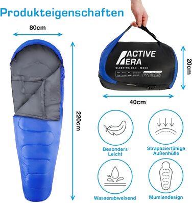 Сплячий мішок Active Era Mumienschlafsack: зимовий, літній, водонепроникний, легкий, температурний режим -10°C до 10°C, для кемпінгу та відпочинку на природі (Блакитний)
