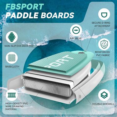 FBSPORT Stand Up Paddling Board (SUP) 335см: надувний сапборд для дорослих з антиковзким покриттям, 160кг, комплект з веслом, насосом та аксесуарами для йоги, подорожей та серфінгу (м'ятний)