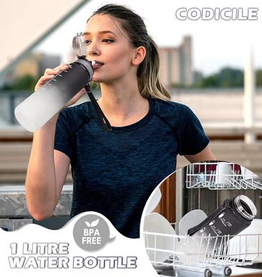 Водна пляшка CodiCile 1л зі трубочкою, спортивна, з маркуванням часу, чорно-сіра