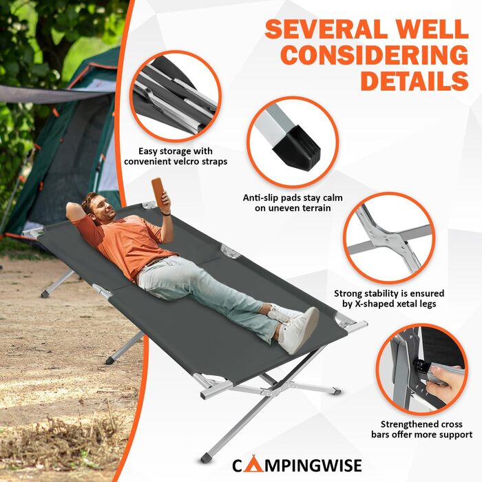 Кемпінгове ліжко Campingwise | Складне з сумкою для перенесення | 190x64x43 см