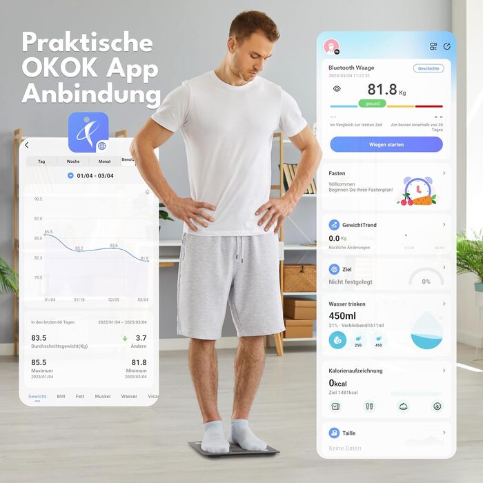 LEBENLANG цифрова вага для людей до 180 кг з додатком, 4 електроди, аналізатор жиру, розумна вага для тіла