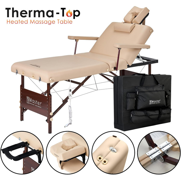 Складний масажний стіл Master Massage з підігрівом, регульована спинка, шкіра/дерево, 71 см, бежевий, для салону та косметології