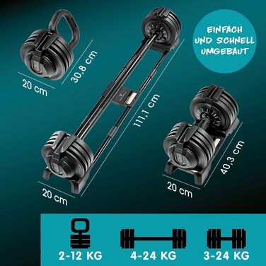 Мультифункціональний набір гантелей DoYourFitness 3-24 кг, регульований, для дому, коротка і довга штанга, гиря, універсальний для силових тренувань та витривалості