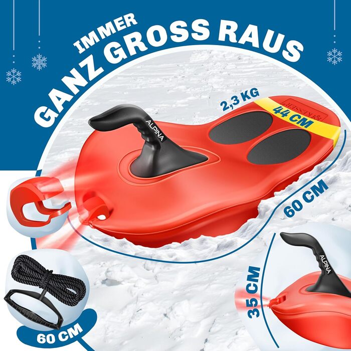 Слалом KESSER® Bob Alpina з LED-підсвіткою та тросом. Дитячий гірський санки, пластиковий санки для дітей та дорослих. Червоний.