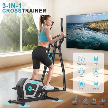 Еліптичний тренажер Crosstrainer для дому 3-в-1 з LCD-монітором та Bluetooth, 16 рівнів опору, 6 кг маховик, до 130 кг, чорний