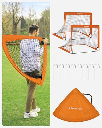 Ворота для футболу SONGMICS для дітей, 2 шт., Pop-up, 90x120x90 см, швидкий монтаж, для саду, парку, пляжу, стійки з скловолокна, оксфордська тканина та поліестерна сітка (оранжевий)