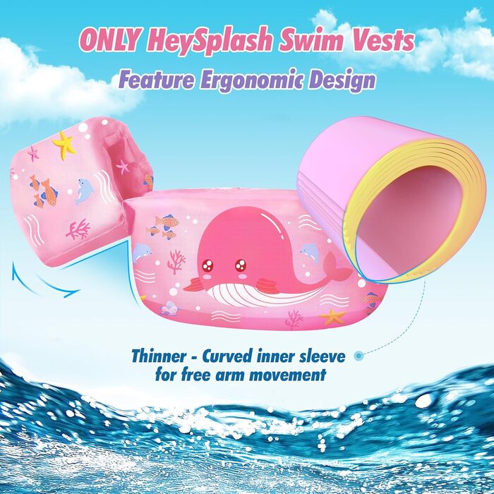 HeySplash Дитячі надувні рукавики для плавання, жилет для дітей 9-22 кг, рожевий кит. Безпечні рукавики та жилет для навчання плаванню.
