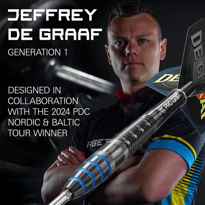 Дротики для дартсу Target Jeffrey de Graaf Generation 1, 23 г, 90% вольфрам, стальні накінечники, Swiss Point, чорні, ігрова серія