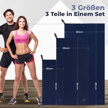 Набір мікрофібрових рушників LEGITH – швидковисихаючі та компактні для подорожей, пляжу, спорту та кемпінгу (3 розміри: 160x80 см, 120x60 см, 80x40 см) – економія місця