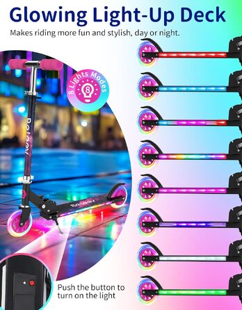 Дитячий самокат BELEEV V1Plus з LED-підсвіткою коліс та деки, складаний двоколісний скутер для дітей 3-12 років, регульована висота, колір Starry Purple
