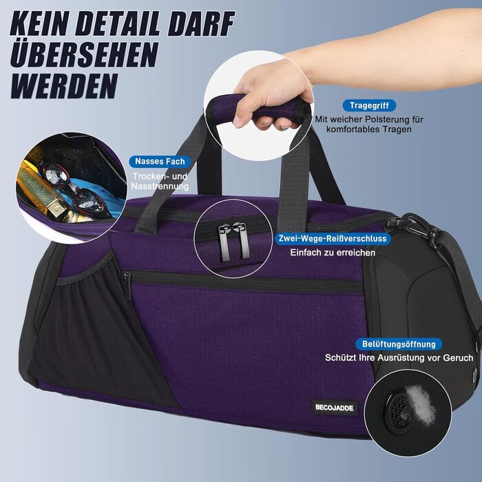 Спортивна сумка чоловіча 40L, рюкзак-трансформер з відділенням для взуття та мокрих речей, водонепроникна, для тренувань, подорожей, універсальна (фіолетовий)