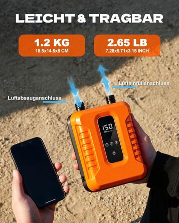 Електричний насос для SUP дошки Wiederaufladbar з авто-стопом та LED дисплеєм, помаранчевий (8H CM)