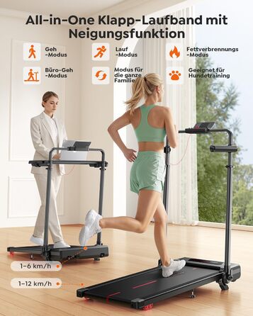 Складана бігова доріжка для дому з нахилом 7%, Walking Pad до 12 км/год, з регульованим поручнем та знімним робочим столом, двигун 3.0 к.с., керування через додаток та пульт, червоно-чорна